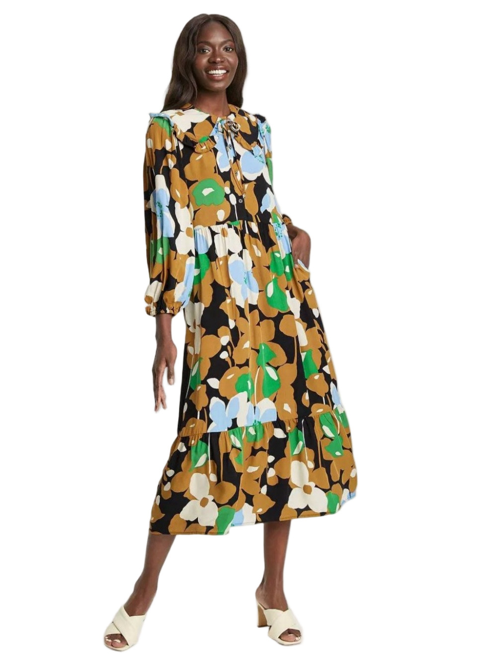 Women’s Floral Green Brown Floral Long Sleeve Peasant Pilgrim Collar Maxi Dress